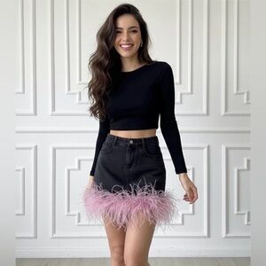 Black Denim Mini Skirt with Blush Color Feather Trim - NWT